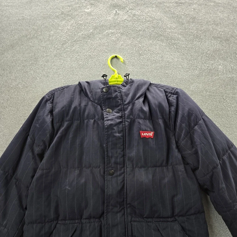 Levi's Men Jacket S Navy Striped Puffer Hooded Zipper READ